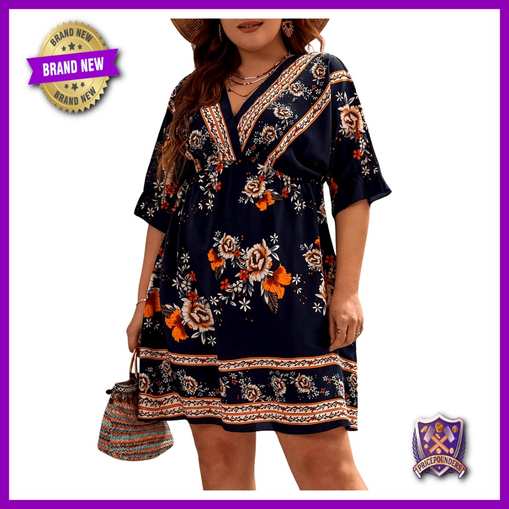 Plus Size Floral Print High Waist V Neck A Line Mini Dress